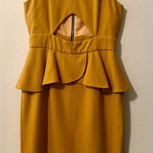 Naven Mustard Yellow Sheath Dress with Peplum and Cut Out for Cocktail